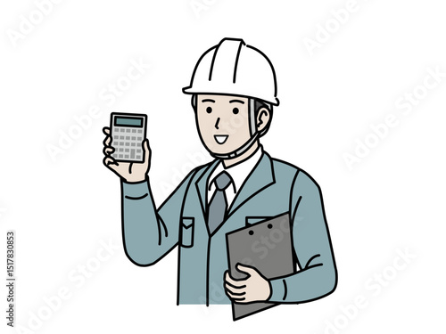 見積、電卓を持つ電機工事士の男性のイラスト