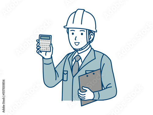見積、電卓を持つ電機工事士の男性のイラスト