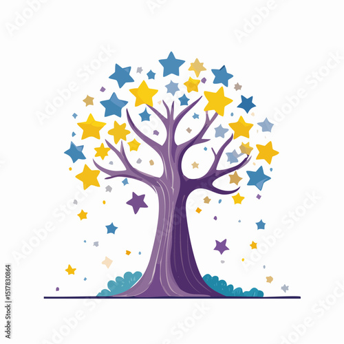Celestial Canopy: A whimsical illustration showcases a stylized tree with a trunk and branches adorned with colorful stars, creating a magical, dreamy ambiance.