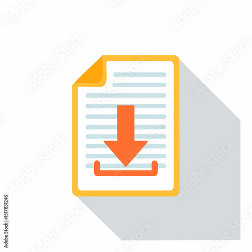 Downloading Document Icon: A vibrant flat design icon depicting a document with a prominent download arrow, signifying digital file transfer and accessibility.