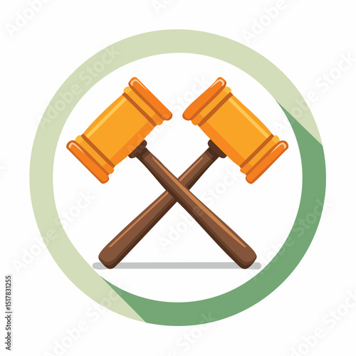 Legal Verdict: A symbolic graphic depicting crossed wooden gavels within a green-tinted circle, representing the scales of justice, law, and order. 