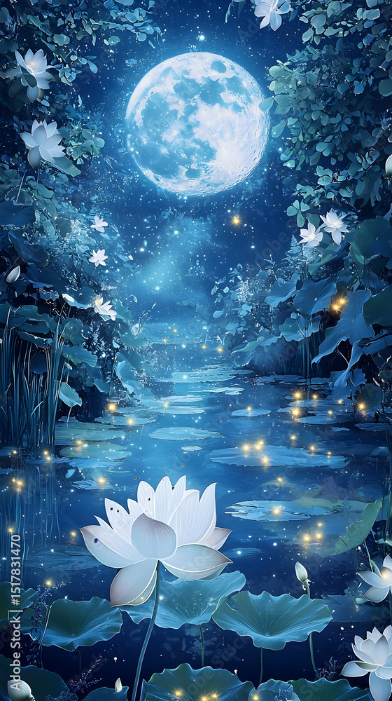 Obraz premium Mystical Moonlight Forest Pond With Lotus Flowers