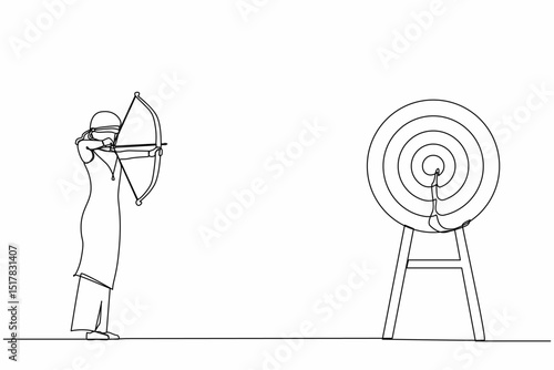 Single one line drawing blindfold Arabian businesswoman holding bow arrow looking for target. Trying to achieve goal without vision. Modern continuous line draw design graphic vector illustration