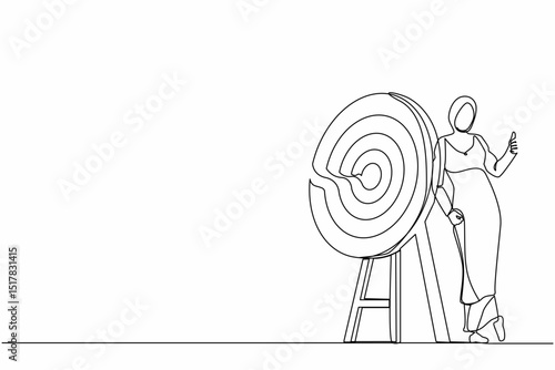 Continuous one line drawing happy Arabian businesswoman or manager is standing or leaning target with thumbs up gesture. Arrow hit target exactly. Single line draw design vector graphic illustration