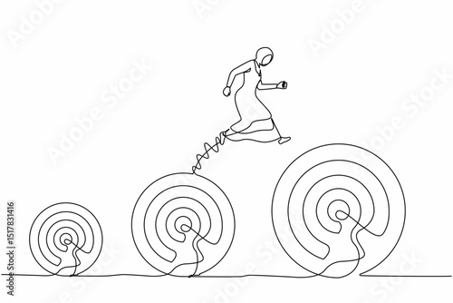 Single continuous line drawing Arabian businesswoman jumping up higher target career goals. The business next target metaphor. Planning and successful. One line draw graphic design vector illustration