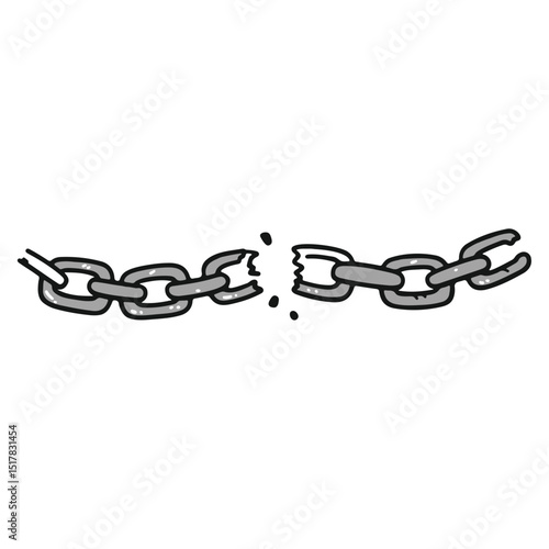 A monochrome illustration of a broken metal chain with jagged edges on a white isolated background