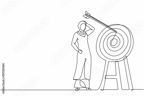 Continuous one line drawing ambition Arab businesswoman arrow missed at the target. Failed hit archery target. Business challenge failure metaphor. Single line draw design vector graphic illustration