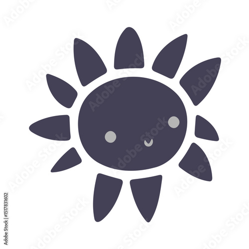 Stylized sun with a cute face and rounded triangular rays radiating outwards on a white background