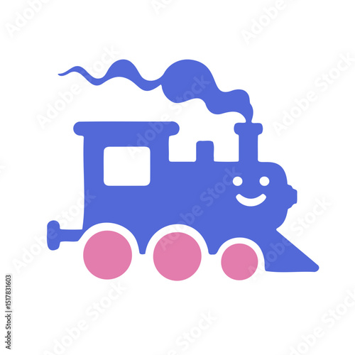 Illustration of a cartoon train with pink wheels and blue body emitting smoke from its chimney