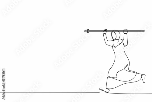Single continuous line drawing Arabian businesswoman running and holding big arrow. Goal achievement concept. Business purpose, goal, strategy success. One line draw graphic design vector illustration