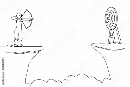 Single continuous line drawing Arabian businesswoman standing on cliff with archer in hand. Business target. Woman forced to successful. Shooting target with bow, arrow. One line graphic design vector