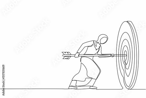 Single continuous line drawing Arabian businesswoman hold arrow in hand to target, achievement goal. Aim in business concept. Aspirational people. Mission achieved. One line draw graphic design vector