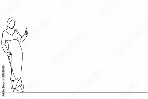 Single continuous line drawing Arabian businesswoman dressed in hijab wear showing thumbs up sign and leaning against the wall. Deal, like, agree, approve, accept. One line draw graphic design vector