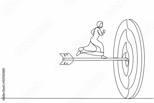 Single one line drawing ambition Arab businesswoman run to bullseye with dart. Reach target success. Business metaphor. Successful business concept. Continuous line design graphic vector illustration