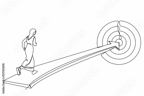 Single one line drawing Arab businesswoman running on arrow to center of dartboard. Business Concept of targeting, customer. Company vision mission. Continuous line design graphic vector illustration