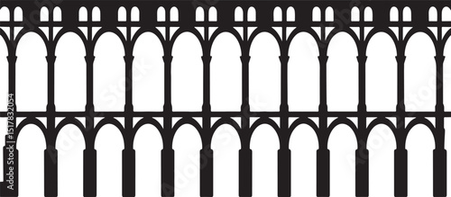 Black and white silhouette of a classic roman aqueduct or bridge architecture.