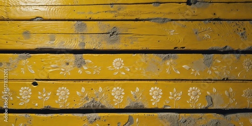 Wallpaper Mural Rustic Yellow Wood and Concrete Wall: Horizontal Planks with Embossed White Floral Patterns and Rough Mortar Joints Textured Background Torontodigital.ca