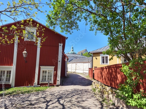 Wooden houses and cobblestone street in Porvoo, Finland