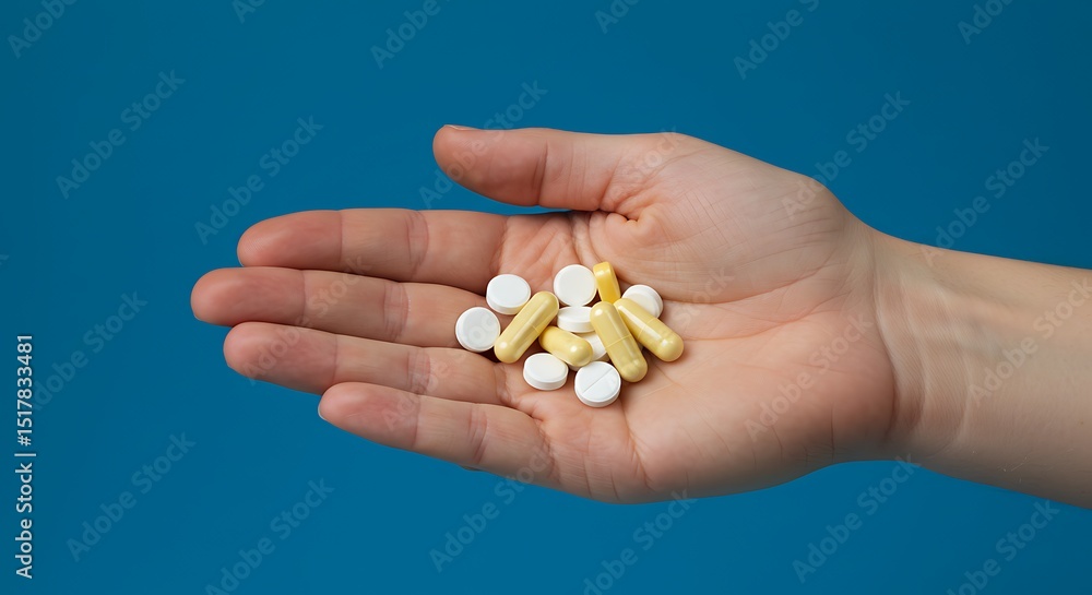 Assorted pills and capsules held in a hand against a solid background. Assorted pills and capsules held in a hand against a solid background.