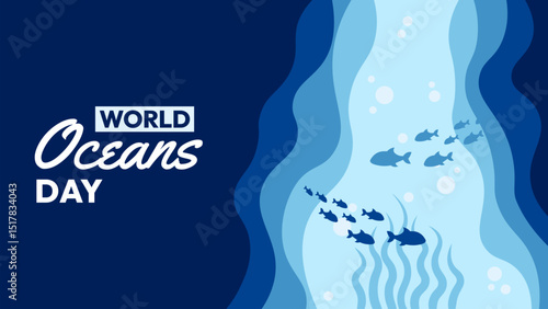 World Oceans Day with a blue background and fish swimming in the water