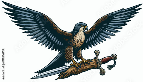 Falcon with Sword: A majestic falcon, wings outstretched, perches on a weathered piece of wood clutching a gleaming sword. The image exudes power, strength, and dominance. 