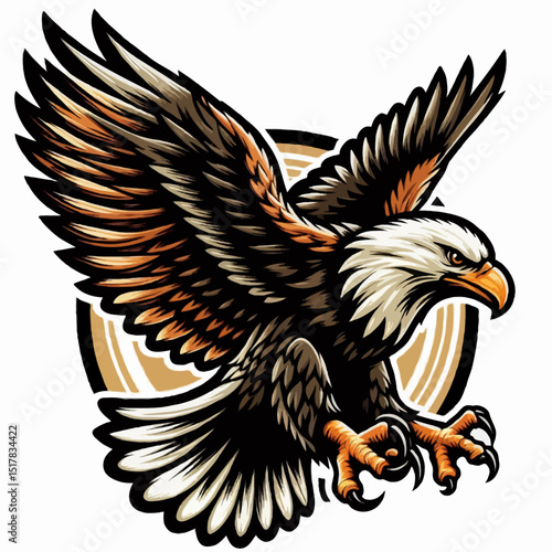 Majestic Eagle in Flight: A powerful bald eagle with outstretched wings, sharp talons, and intense gaze soars majestically against a circular backdrop.  