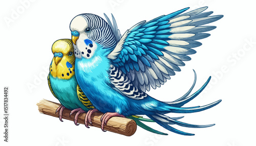 Cuddly Budgies: A vibrant illustration features two budgies perched contentedly on a wooden branch, showcasing the colorful plumage and delicate features of the charming birds.