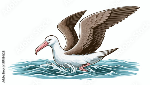 Soaring Seabird: A striking seabird glides gracefully across the ocean surface, captured in a photorealistic illustration.