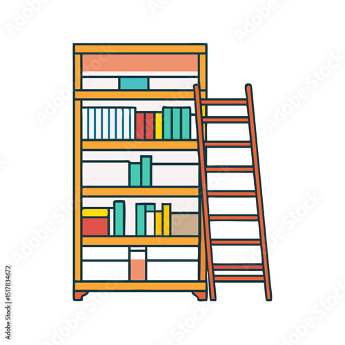 Cartoon Bookshelf with Books of Different Colors and a Ladder