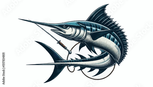 Ocean Hunter's Silhouette: A sleek marlin, a symbol of aquatic power and angling adventure, elegantly illustrated in vibrant detail, hooked and ready to take to the sea.