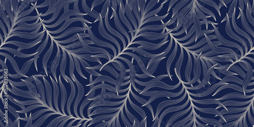 Abstract floral background with palm leaves seamless pattern with line art style.