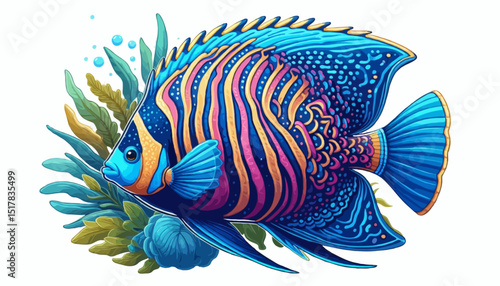 Underwater marine life illustration of a colorful tropical fish swimming in an aquarium, perfect for animal cartoon design