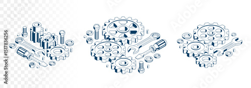 Repair and maintenance concept set, technics service, gears and tools in 3D isometric projection vector illustration, technical mechanical workshop.