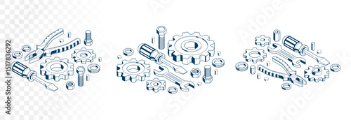 Auto service concept, gears and tools in 3D isometric projection vector illustration, automobile car repair garage workshop, fix the breakage.