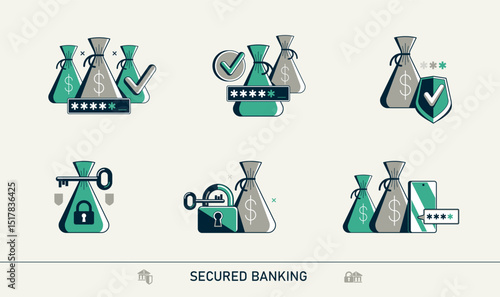 Secured banking vector detailed icons set, deposit money savings protection, financial risk and safety, account protect.