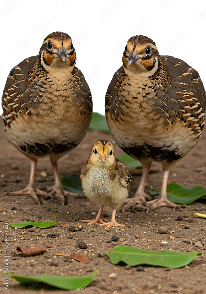 Fototapeta premium Portrait close-up of three wild quail and a baby quail standing on a muddy floor with green leaves, all looking at the camera. Isolated on a clean white background — perfect for wildlife, educational,