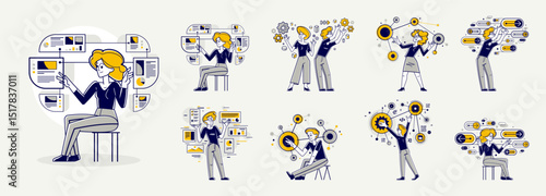 Data systematization, collecting and analyzing information, intellectual worker making analysis of some data on pc or web, vector outline illustration set.