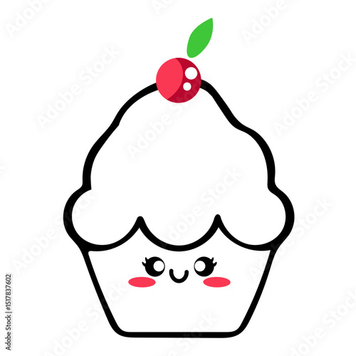 Illustration of a cute cupcake with a cherry on top and a smiling face with rosy cheeks design