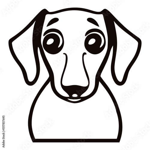Illustration of a dachshund dog with large eyes and floppy ears in black and white outline style