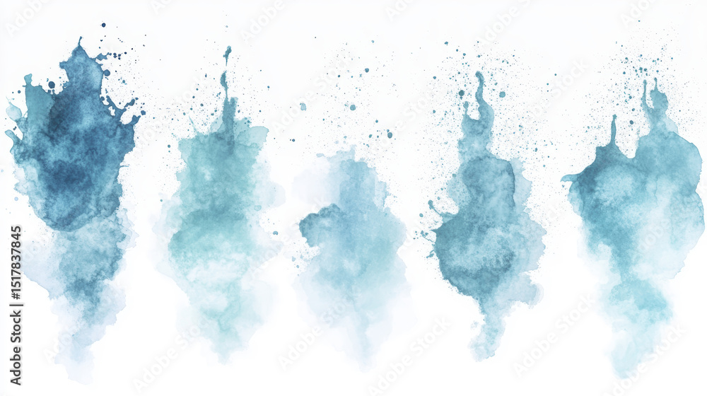 Obraz premium Five distinct blue watercolor splashes create a captivating artistic on a white background