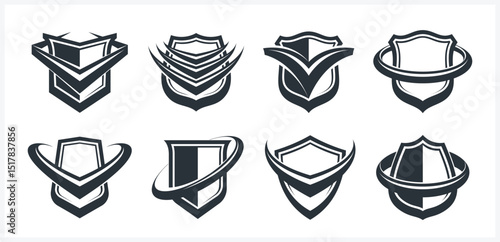 Shield logos vector set, different ammo protection symbols collection, antivirus or sport theme, insurance or guarantee.