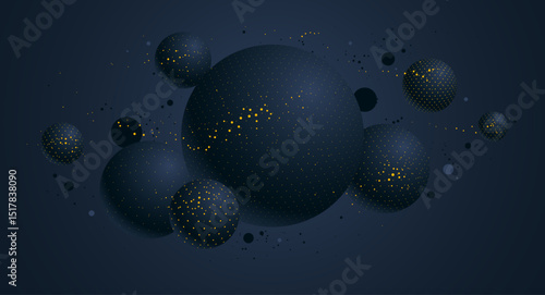 Abstract black and yellow dotted spheres vector background, composition of flying balls decorated with dots, 3D mixed globes