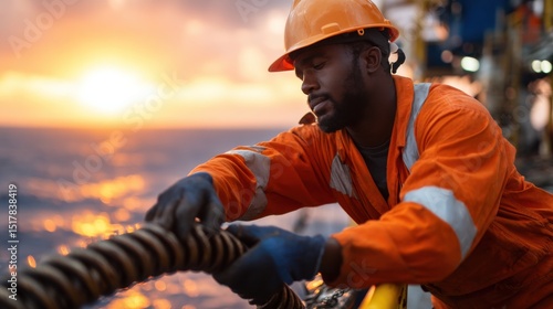 A man in an orange safety suit is working on a rope