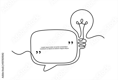 Quick tips.Continuous one line drawing of light bulb and speech bubble. Trendy line art vector on a white background. Editable stroke	