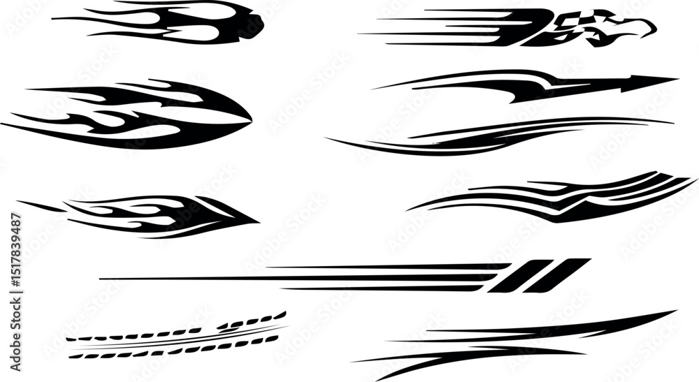 Fototapeta premium Collection of black and white tribal flames and speed stripes graphics