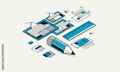 Engineer at work concept, engineering job, paper document blueprint engineering vector 3D isometric illustration, abstract draft drawing, cad technical plan.