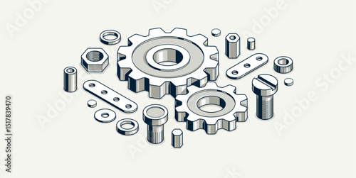 Mechanical engineering concept, gears and cogs composition isometric 3D vector illustration, cogwheels system technology and technics machinery engine.
