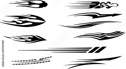 Collection of black and white tribal flames and speed stripes graphics