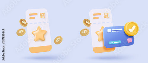 3D cinema movie ticket with online money payment, watch movie in theatre. Media film for entertainment, booking ticket and payment credit card. 3d vector cinema coupon icon render illustration