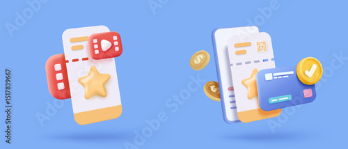 3D cinema movie ticket with online money payment, watch movie in theatre. Media film for entertainment, booking ticket and payment credit card. 3d vector cinema coupon icon render illustration